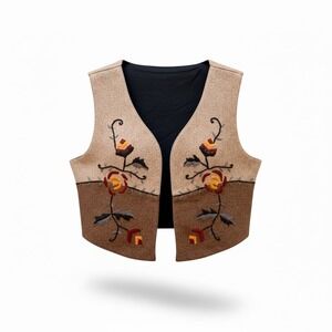Andrew Sports Vest Women Size L Brown Floral Embroidered Wool Blend Boho Folk
